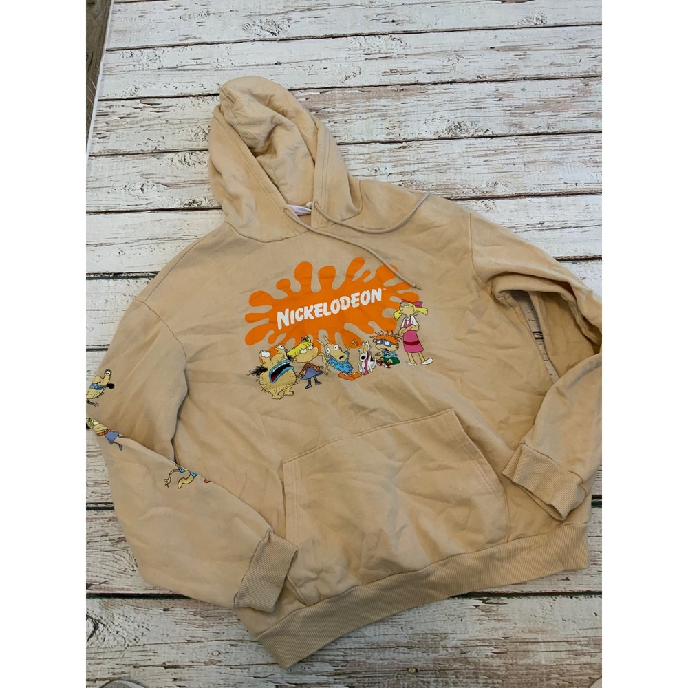 Nickelodeon 90s Characters Graphic Hoodie Tan XL Rugrats Hey Arnold Rocko Y2K